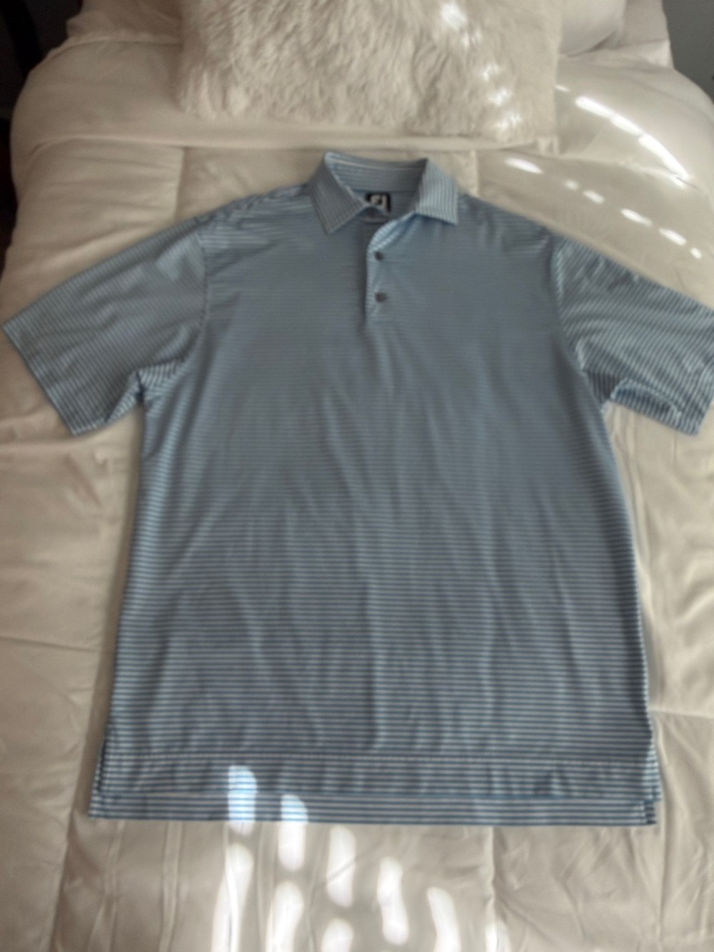 Fila Men's Light Blue and White Striped Polo